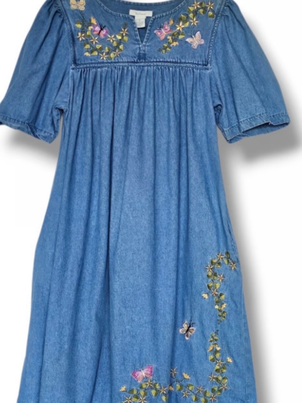 Bechamel Blue Denim Dress with Floral & Butterfly Embroidery